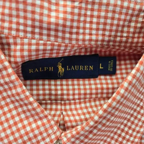 Polo Ralph Lauren Shirt Mens Large Orange White Gingham Check Button Down Preppy - Picture 2 of 7
